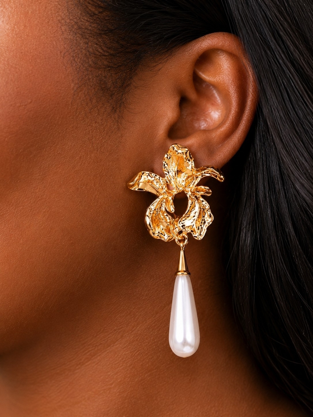 Gold Floral Drop Earrings with Pearl Teardrop